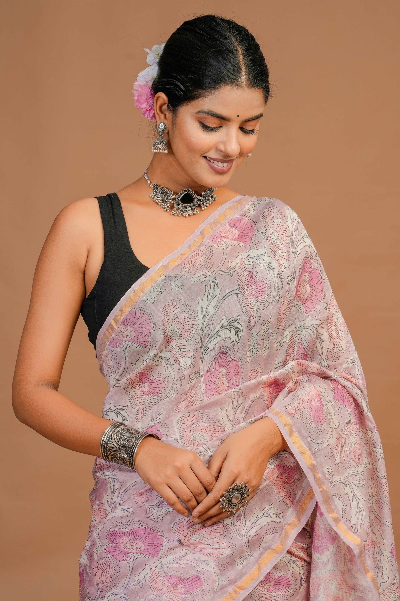 Chanderi Silk Bagru Print Saree with Zari Border ( CS61101)