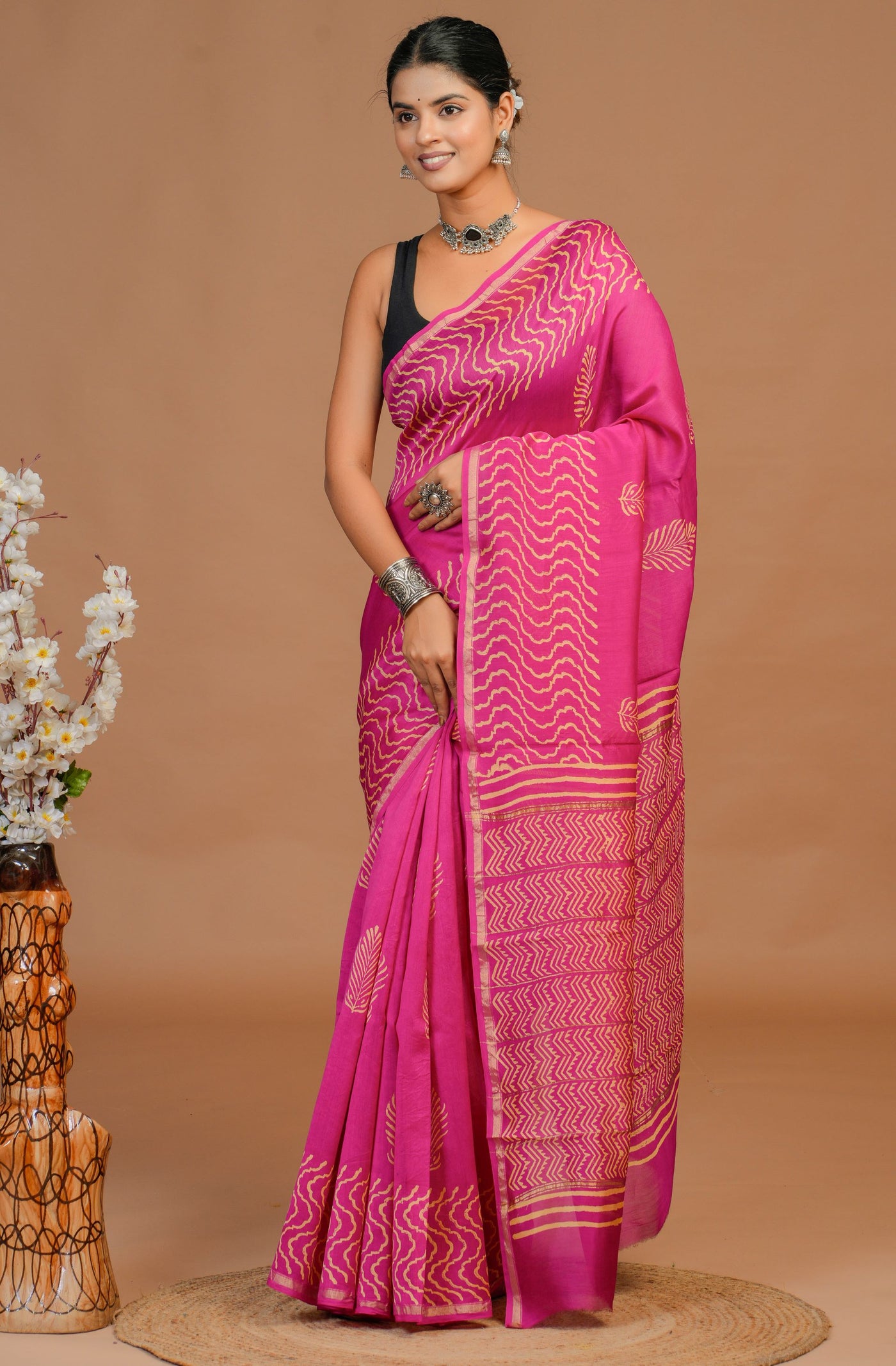 Chanderi Silk Bagru Print Saree with Zari Border ( CS61102)