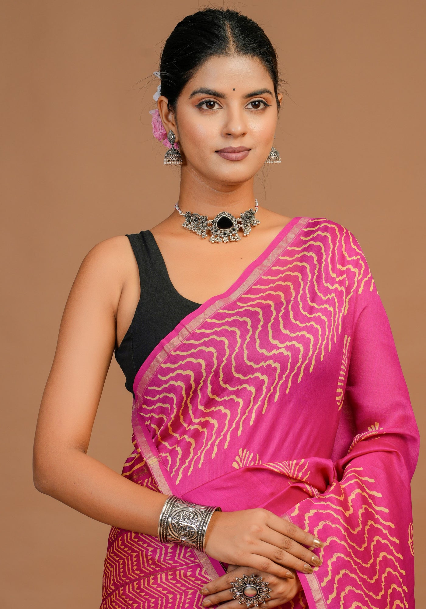 Chanderi Silk Bagru Print Saree with Zari Border ( CS61102)