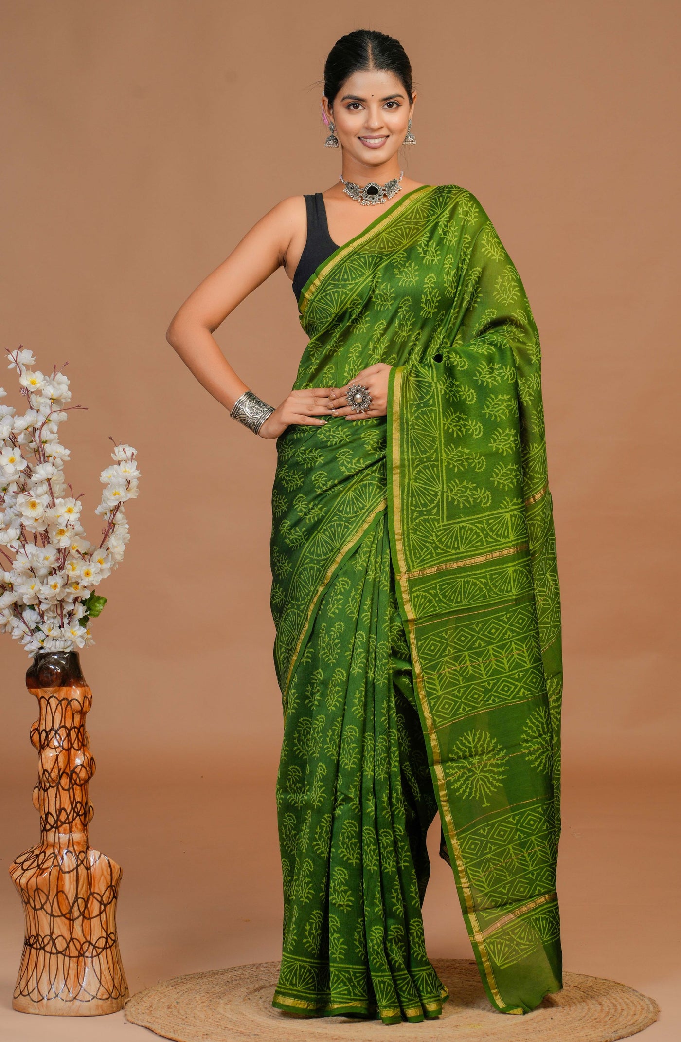 Chanderi Silk Bagru Print Saree with Zari Border ( CS61109)