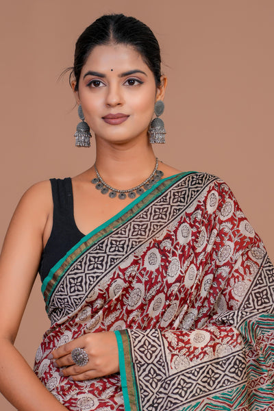 Chanderi Silk Bagru Print Saree with Zari Border ( CS12705)