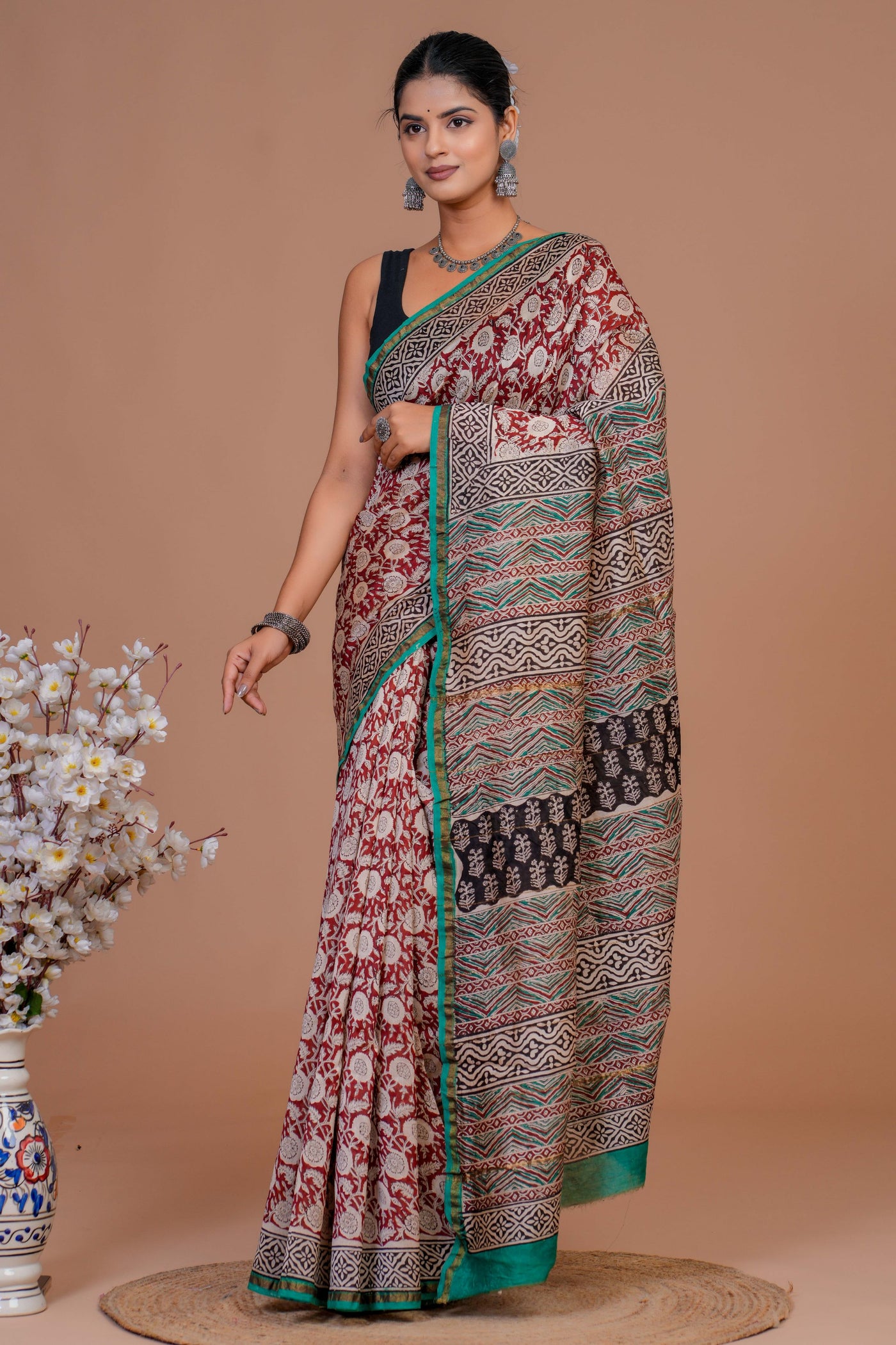 Chanderi Silk Bagru Print Saree with Zari Border ( CS12705)