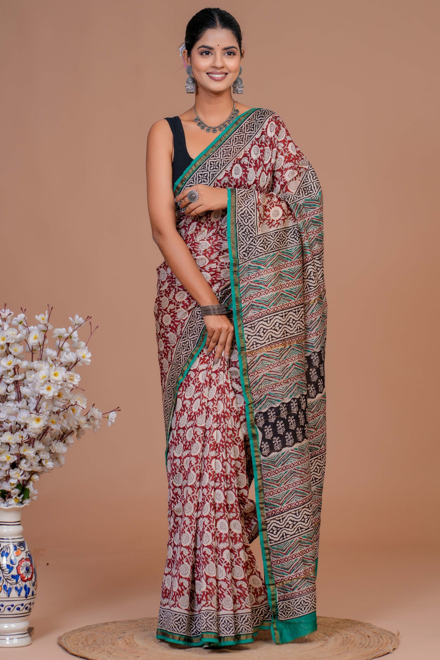 Chanderi Silk Bagru Print Saree with Zari Border ( CS12705)