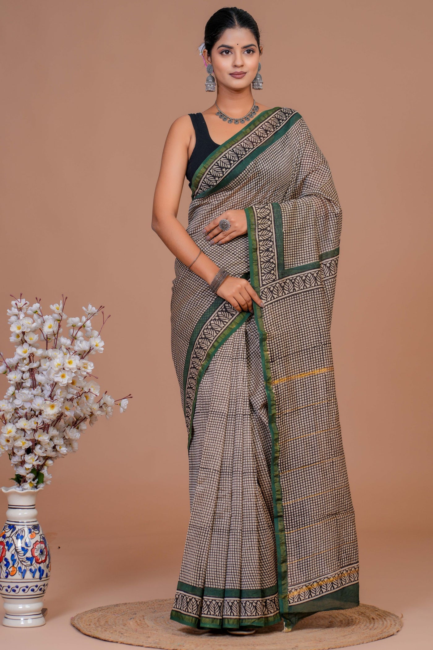 Chanderi Silk Bagru Print Saree with Zari Border ( CS61103)