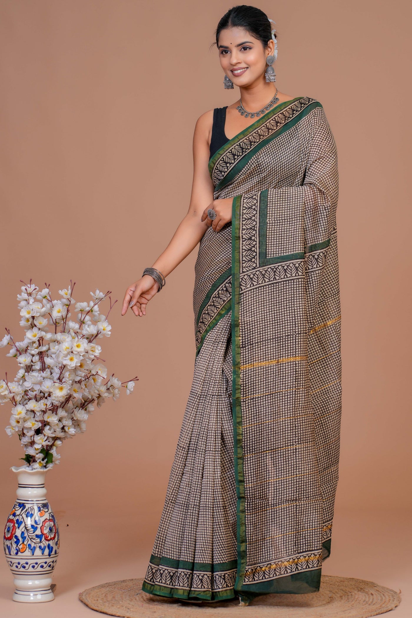 Chanderi Silk Bagru Print Saree with Zari Border ( CS61103)