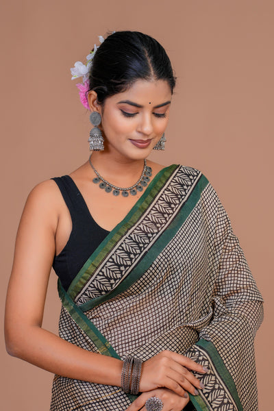 Chanderi Silk Bagru Print Saree with Zari Border ( CS61103)