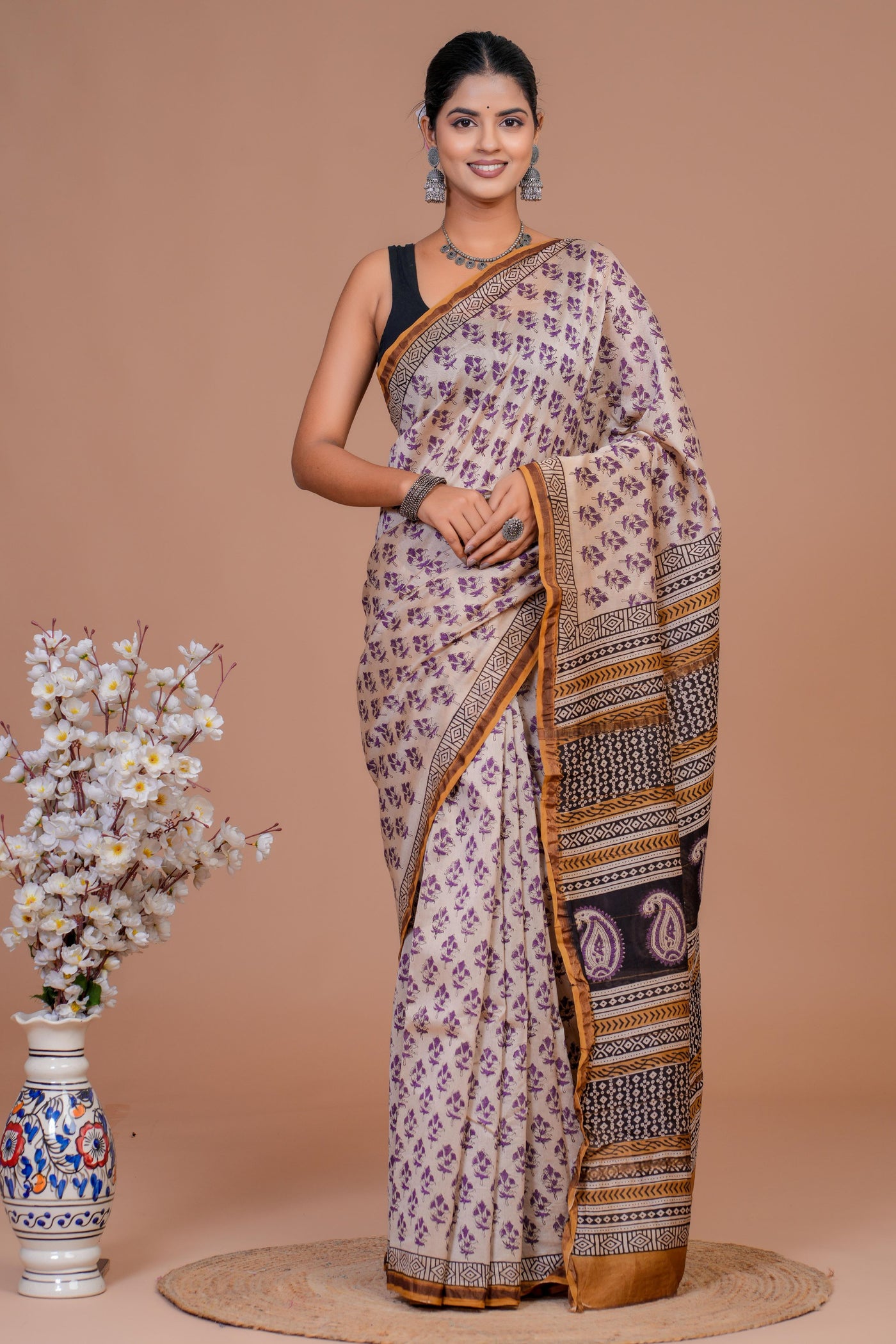 Chanderi Silk Bagru Print Saree with Zari Border ( CS12704)