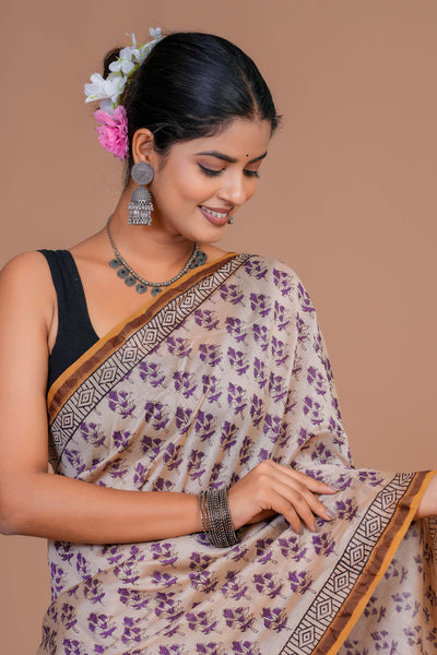 Chanderi Silk Bagru Print Saree with Zari Border ( CS12704)