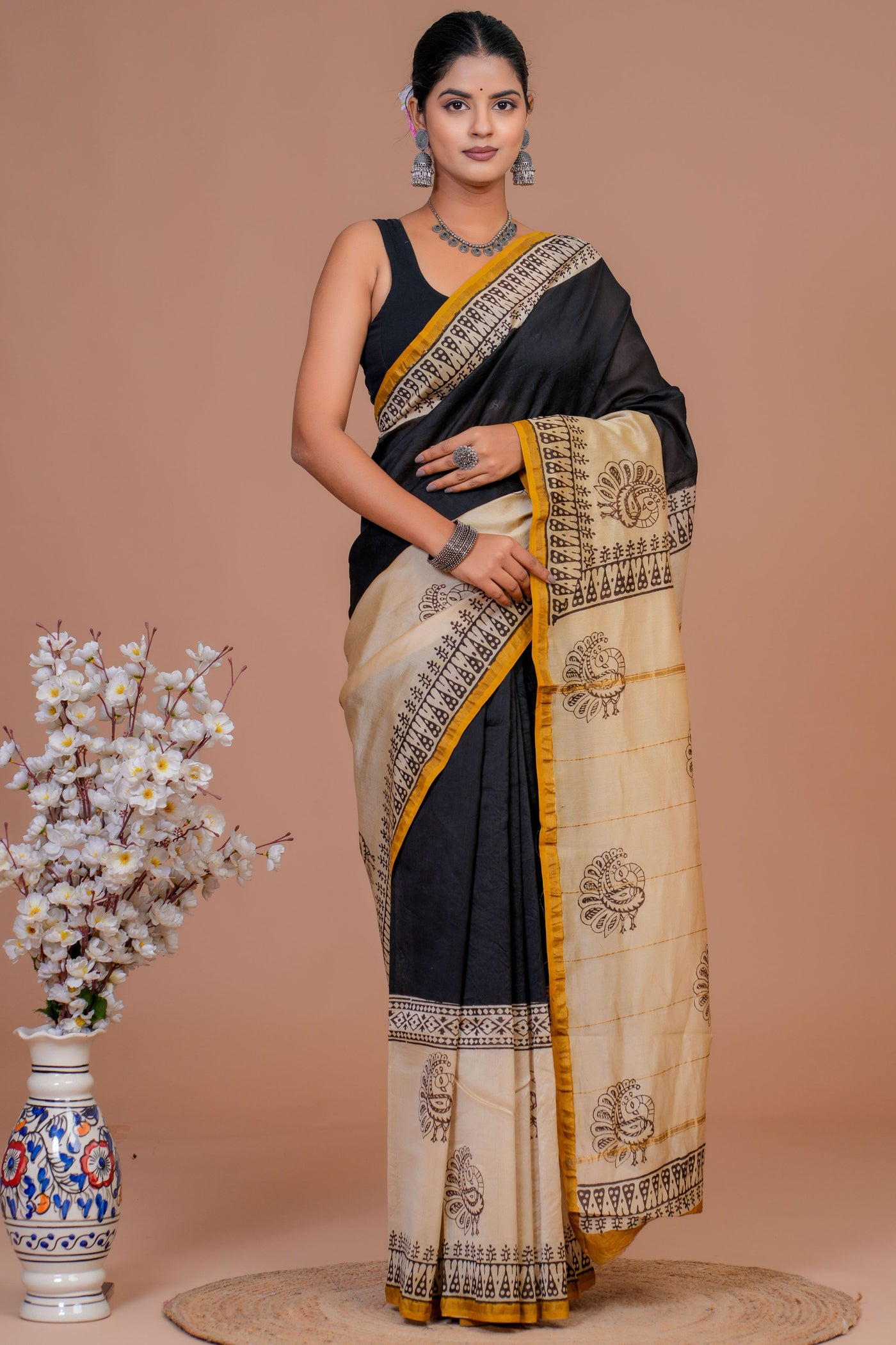 Chanderi Silk Bagru Print Saree with Zari Border ( CS12708)