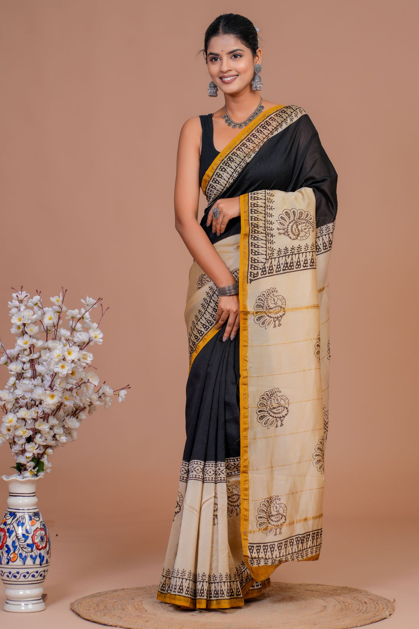 Chanderi Silk Bagru Print Saree with Zari Border ( CS12708)