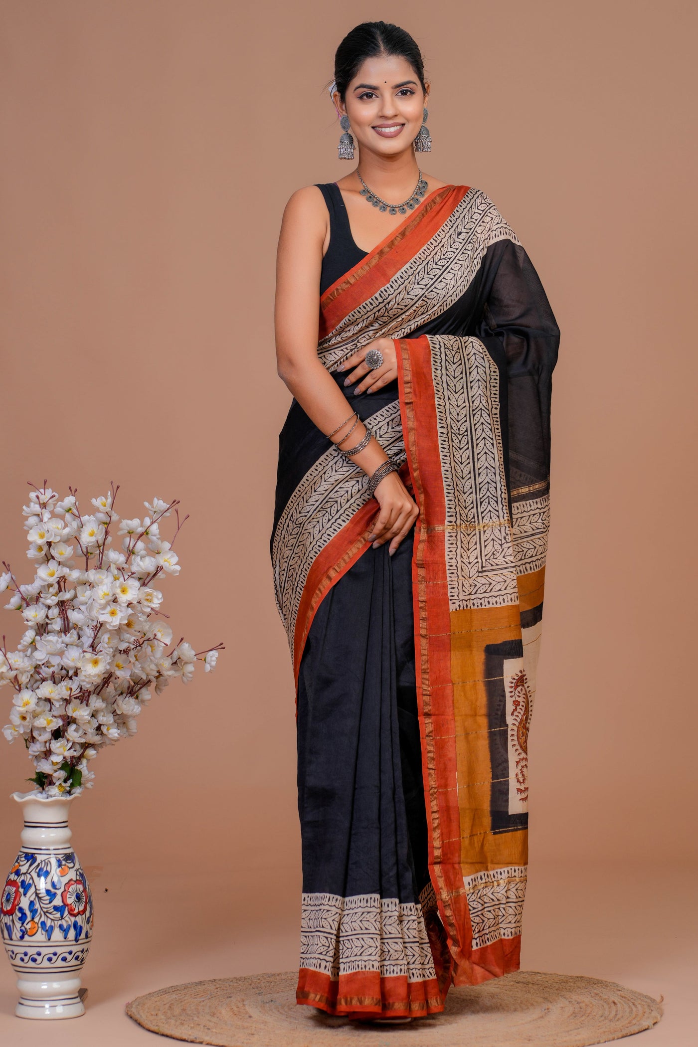 Chanderi Silk Bagru Print Saree with Zari Border ( CS61107)