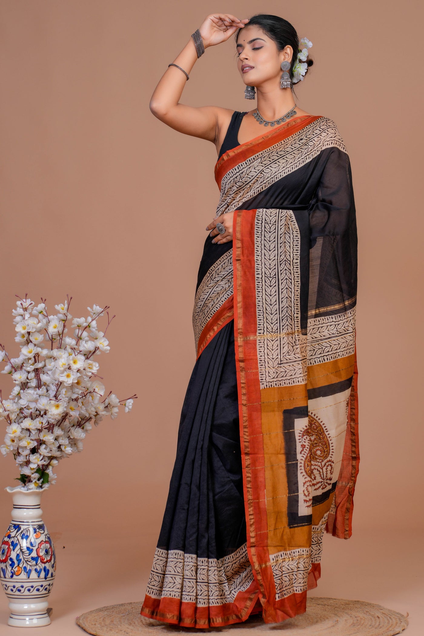 Chanderi Silk Bagru Print Saree with Zari Border ( CS61107)