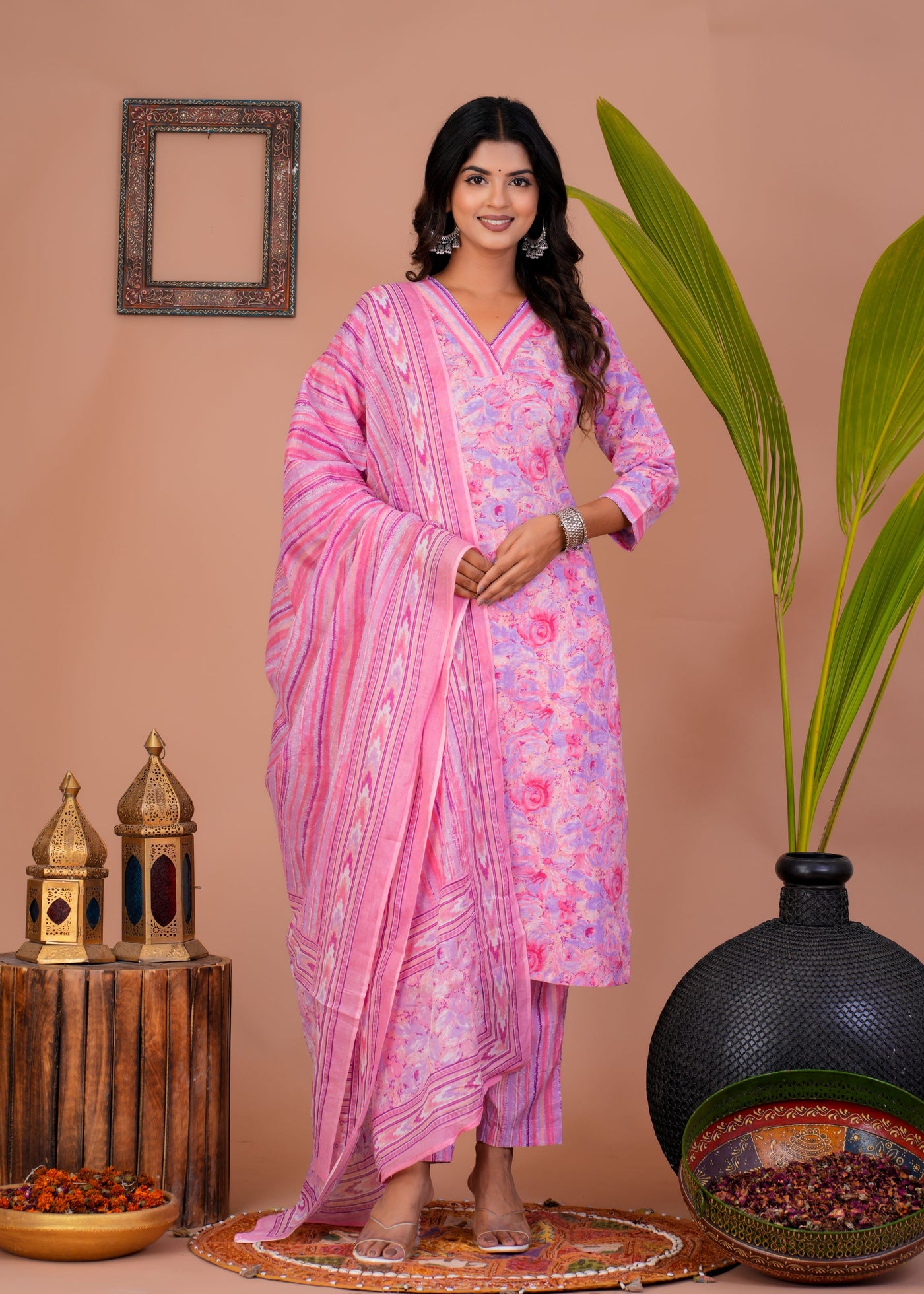 MARBLE PRINT PINK COTTON SUIT WITH COTTON DUPATTA ( CT1020 )