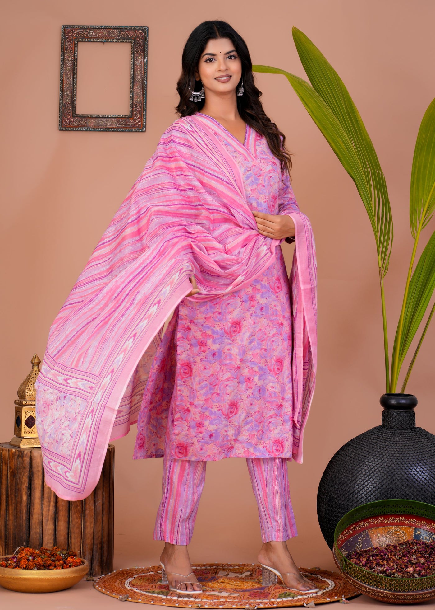 MARBLE PRINT PINK COTTON SUIT WITH COTTON DUPATTA ( CT1020 )