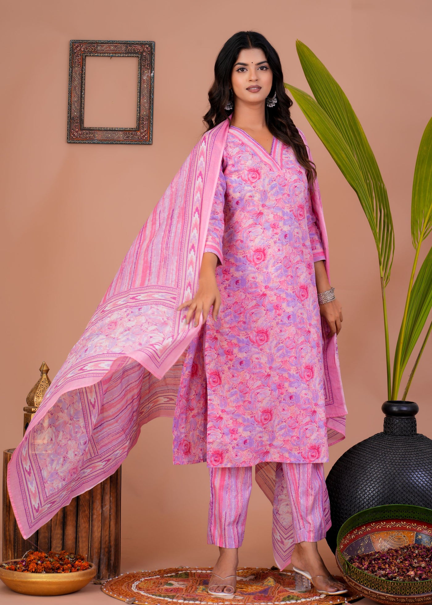 MARBLE PRINT PINK COTTON SUIT WITH COTTON DUPATTA ( CT1020 )