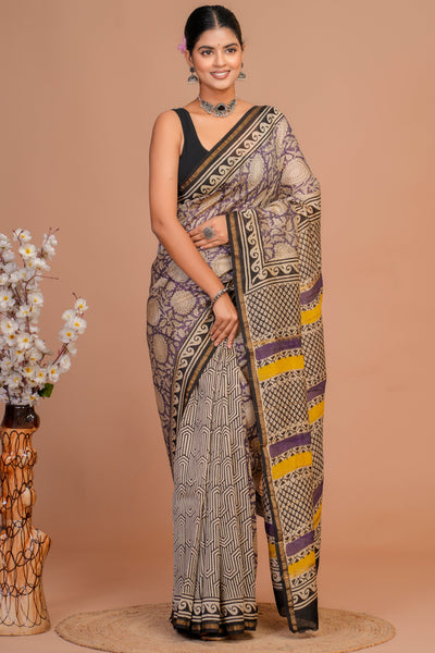 Chanderi Silk Bagru Print Saree with Zari Border ( CS12706)