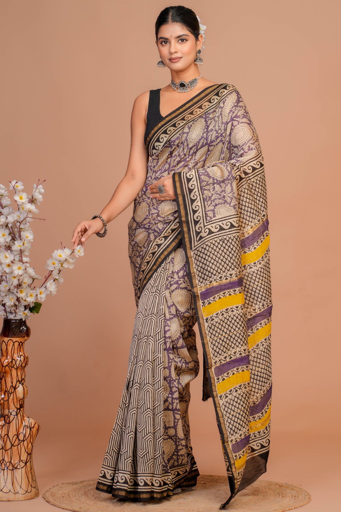 Chanderi Silk Bagru Print Saree with Zari Border ( CS12706)