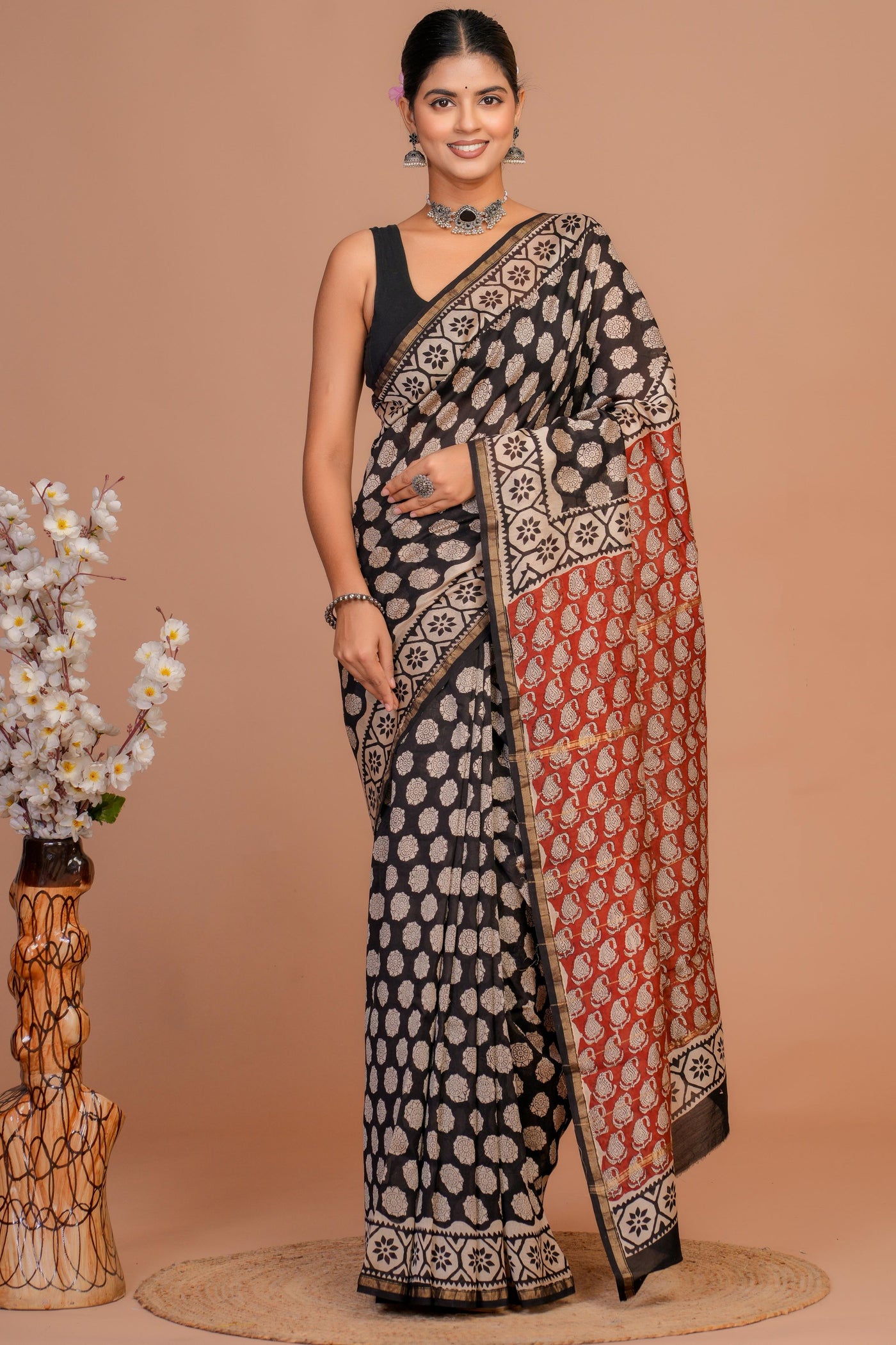 Chanderi Silk Bagru Print Saree with Zari Border ( CS12707)