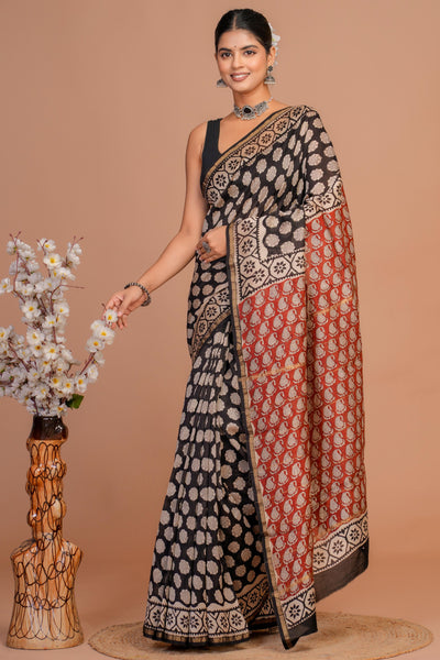 Chanderi Silk Bagru Print Saree with Zari Border ( CS12707)