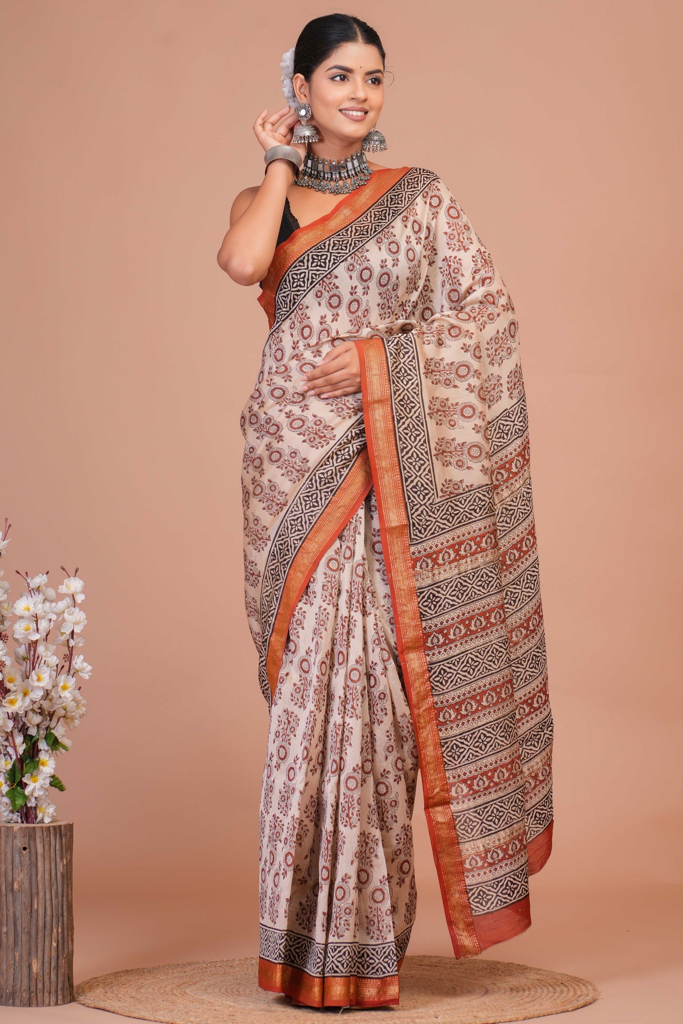 Maheshwari Silk Bagru Print Saree ( MS13704)