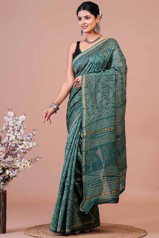 Chanderi Silk Bagru Print Saree with Zari Border ( C14924)