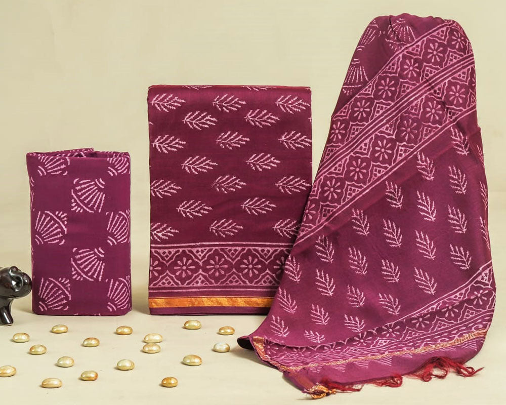 Exclusive Hand Block Print Chanderi Silk Suit Set ( CN12702)