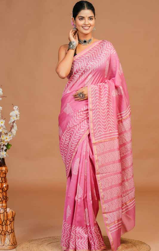 Chanderi Silk Bagru Print Saree with Zari Border ( CS12701)