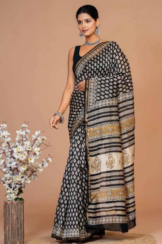 Chanderi Silk Bagru Print Saree with Zari Border ( CS12703)