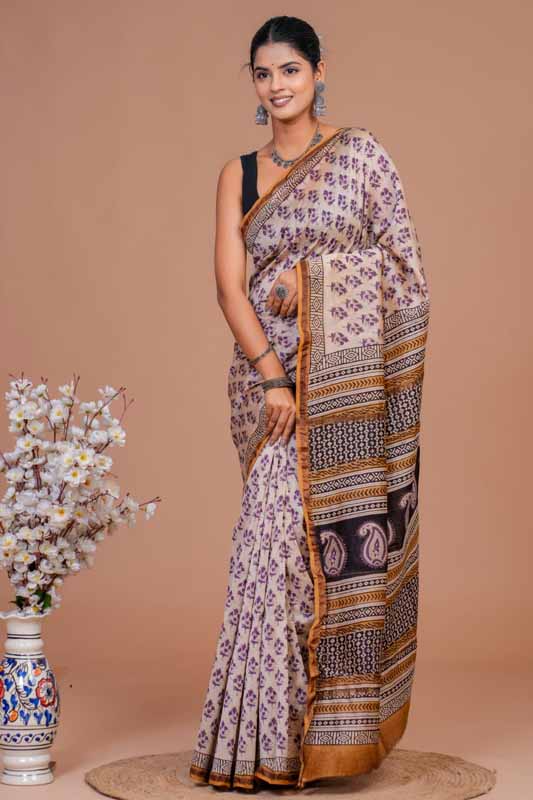 Chanderi Silk Bagru Print Saree with Zari Border ( CS12704)